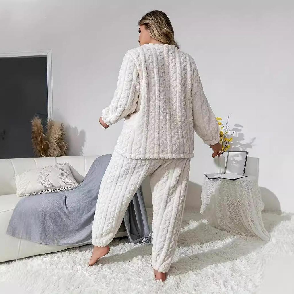Women's Plush Crew Neck Casual Long Sleeve Top and Pants Set