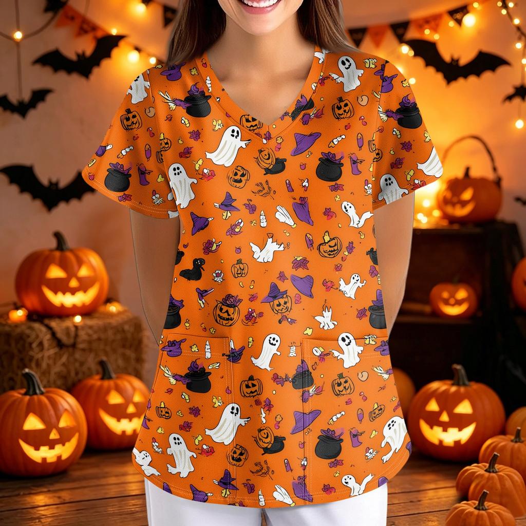 Women Halloween Print Loose V Neck Short Sleeve Medical Scrub Top Nurse Uniform with Pockets Comfortable Fit Professional Workwear