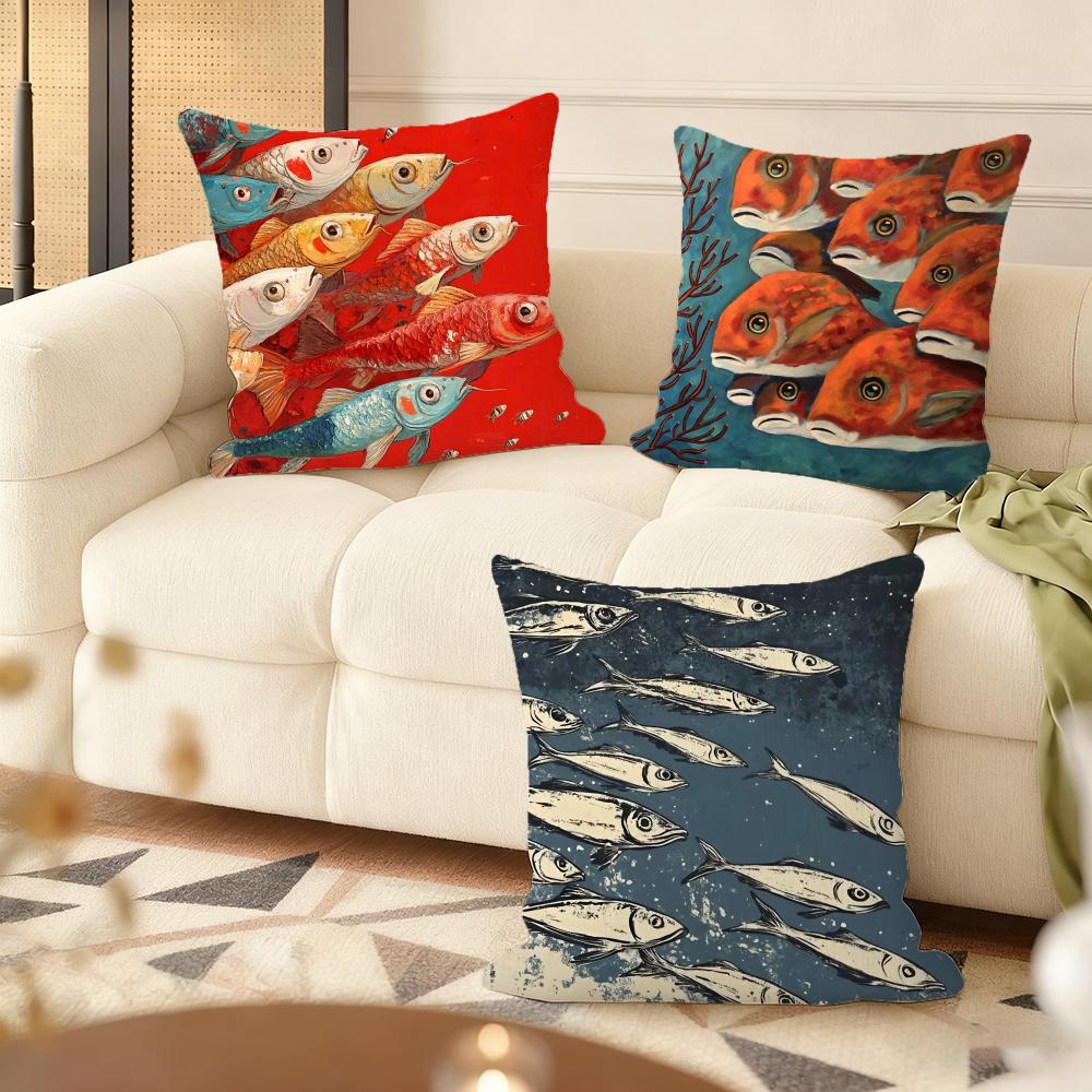 Abstract Fish Pattern Cushion Cover Soft Short Plush Pillow Cover Smooth Cozy Texture Aesthetic Cushion Case Home Decor