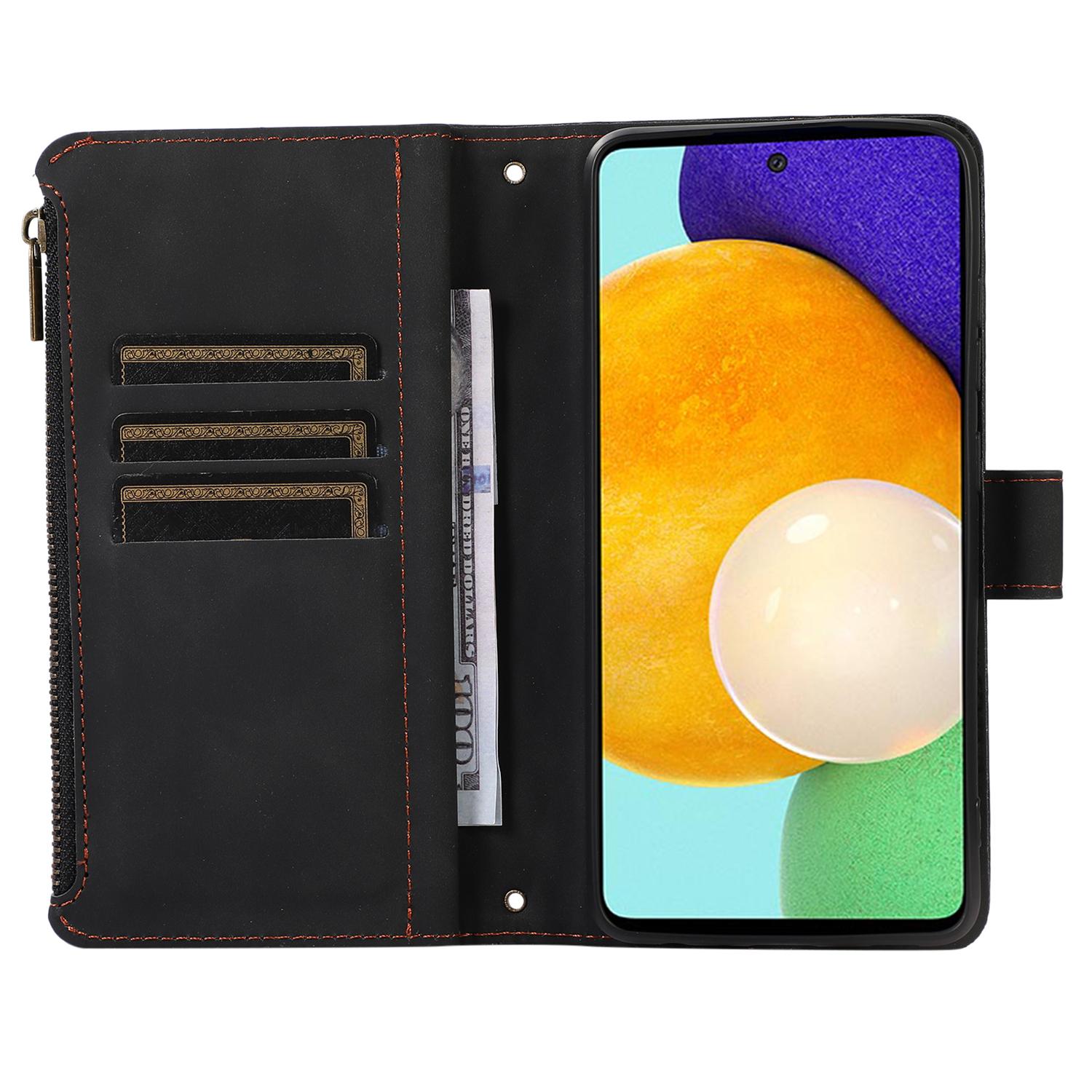 

For Samsung Galaxy A23 4G/A23 5G (Global Version) Zipper Pocket Phone Case Imprinted Leather Wallet Stand Cover with 9 Card Slots Black