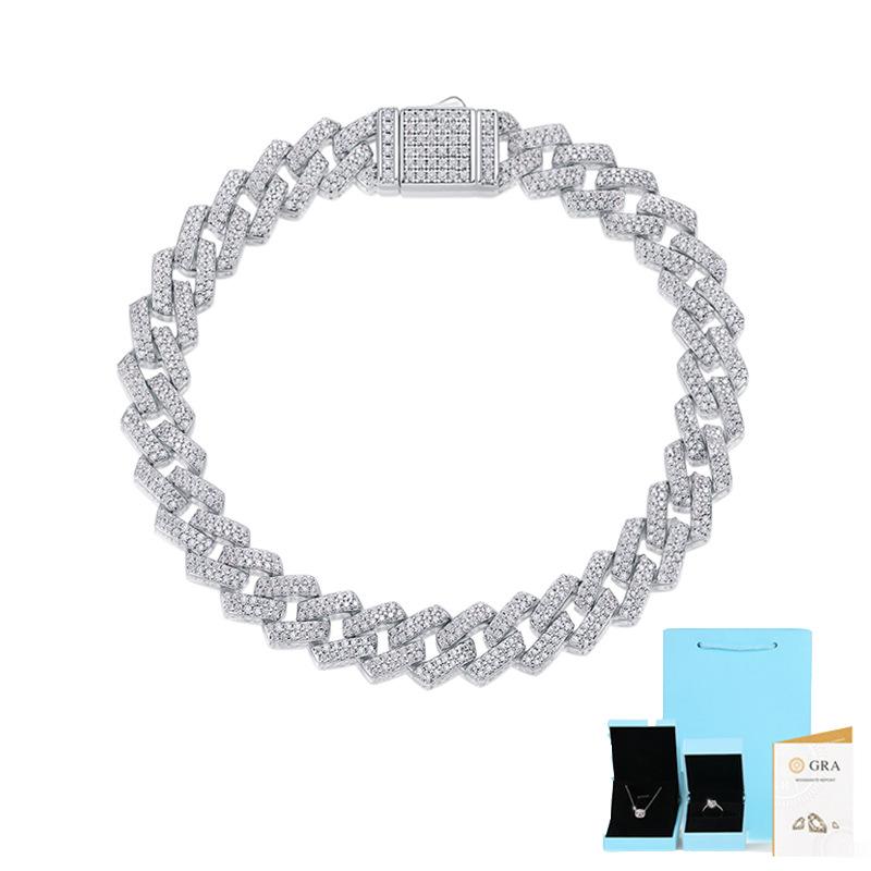 

S925 Серебряный Муассанит Роскошный инкрустированный браслет шириной 10 мм Мужские украшения в стиле хип-хоп 17cm