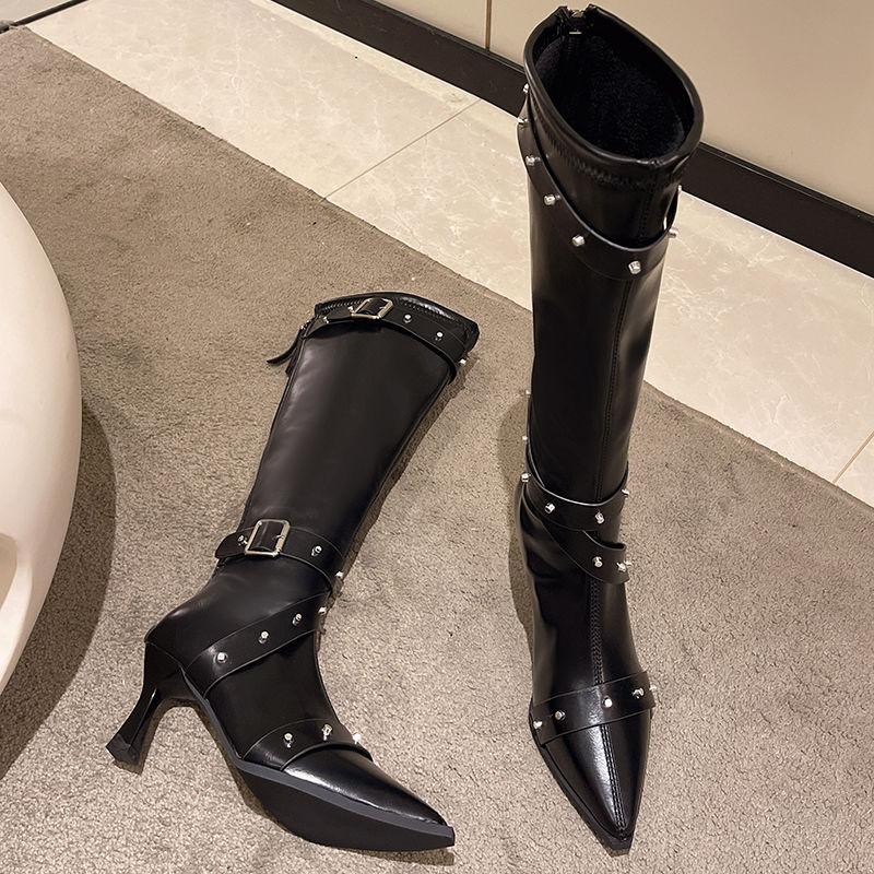 Fashion Autumn Winter Elegant Heeled Pointed Toe Rivet Leather Long Boots for Women Goth 2025 Chic New Rock Knee High Shaft Shoes Woman