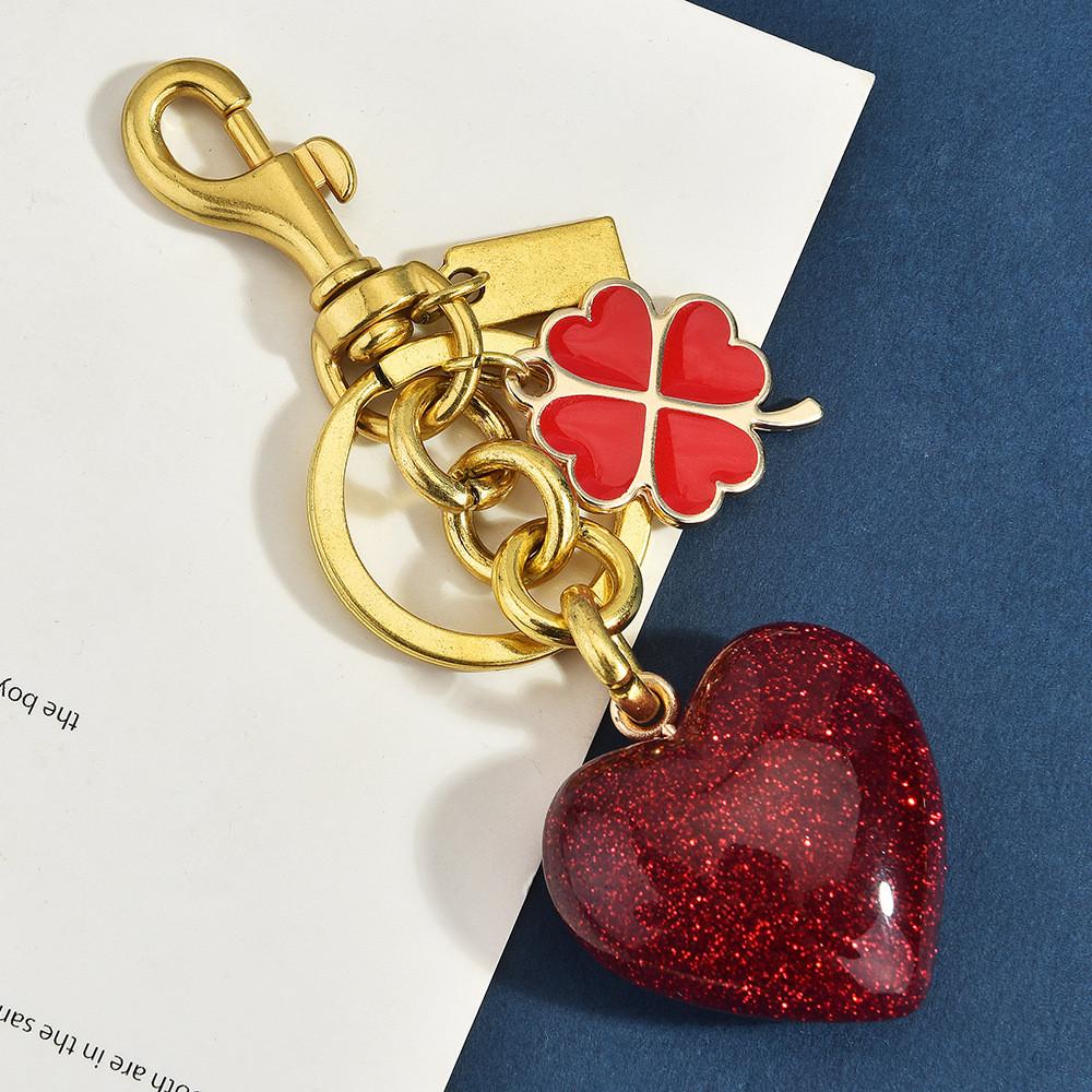 Love Heart Four Leaf Clover Keychain With Glitter Resin Metal For Fashion Bags And Gifts