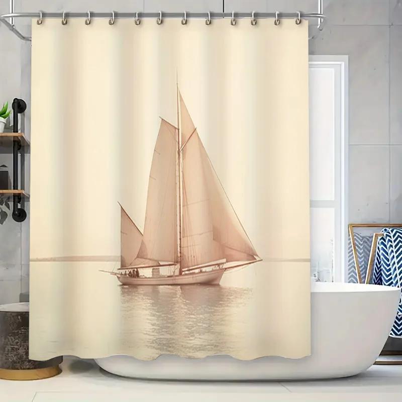 

Vintage Sailboat Bath Curtain Set Cream Color Printing Shower Curtains For Home Decoration In Modern Bathroom Decorations 180X24 W60H190(CM)-1 Pcs