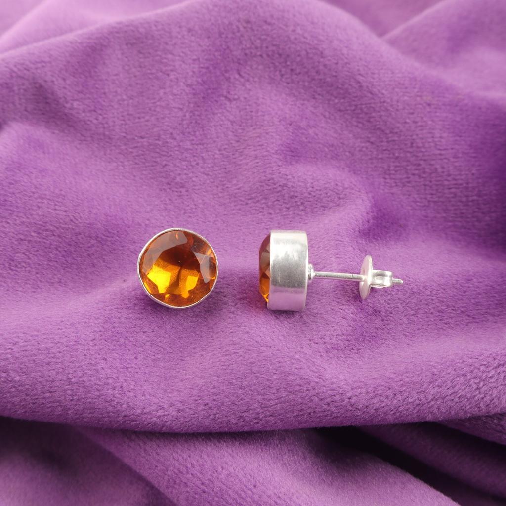 Rund Citrin Edelsten Trendy Stiftpost Håndlaget Nye Øredobber Smykker 925 Sølv EE-150-2