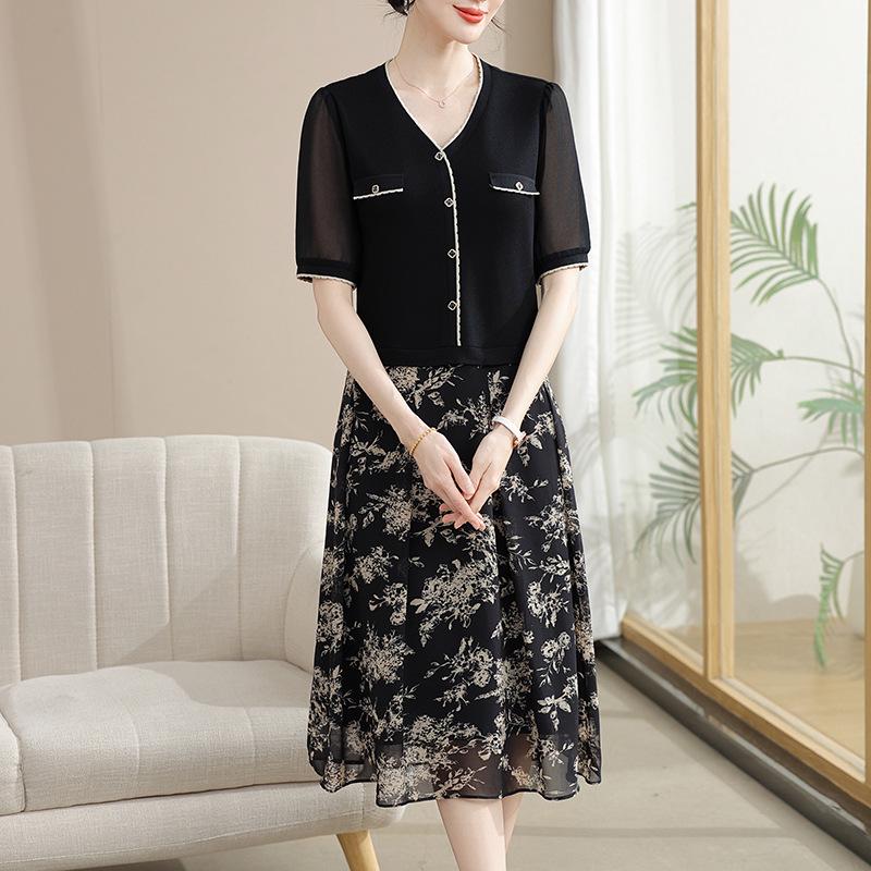 Elegant Chiffon Two-Piece Summer Dress for Middle-Aged Women - 2026 New Short Sleeve Skirt 2XL чёрный