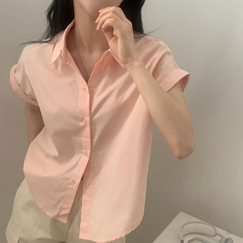 

Летняя базовая повседневная рубашка с отложным воротником, женская однотонная элегантная блузка с коротким рукавом, женские свободные офисные женские топы на пуговицах, простые топы 24508 XL розовый