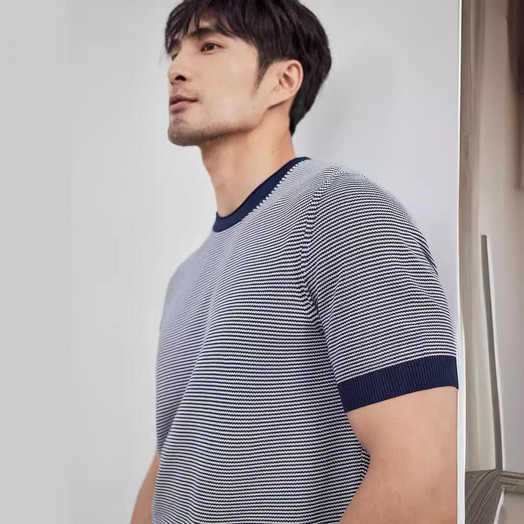 2024 Men's Striped Polo: Short-Sleeve, Versatile Round Neck Knit Shirt