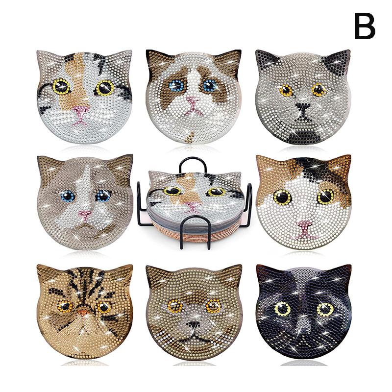 

8 шт./набір Зроби сам Підставки для напоїв з алмазним живописом у вигляді котів Протиковзкі підставки з тримачем Підставка для алмазного живопису