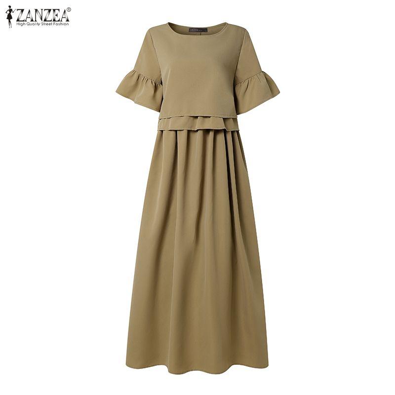 ZANZEA Women Elegant Round Neck Loose Casual Half Sleeve Dress