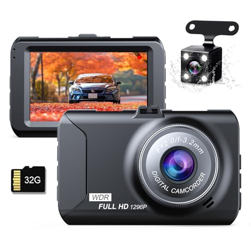 

TORAKIND Drive Recorder, Front and Rear 2 Cameras, In-Car Drive Recorder, Compact Drive Recorder, 1296P, 3-inch LCD Screen, HD Quality, 32GB Card