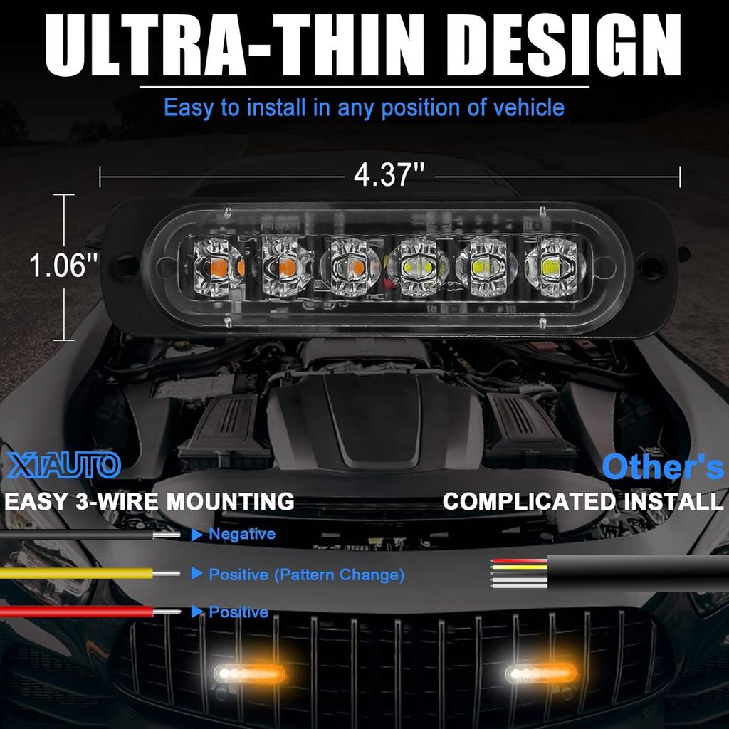 10Pcs LED Emergency Strobe Light, Amber White 6-LED Ultra Slim Surface Mount Flashing Warning Hazard Caution Light Bar For Car Truck Off Road