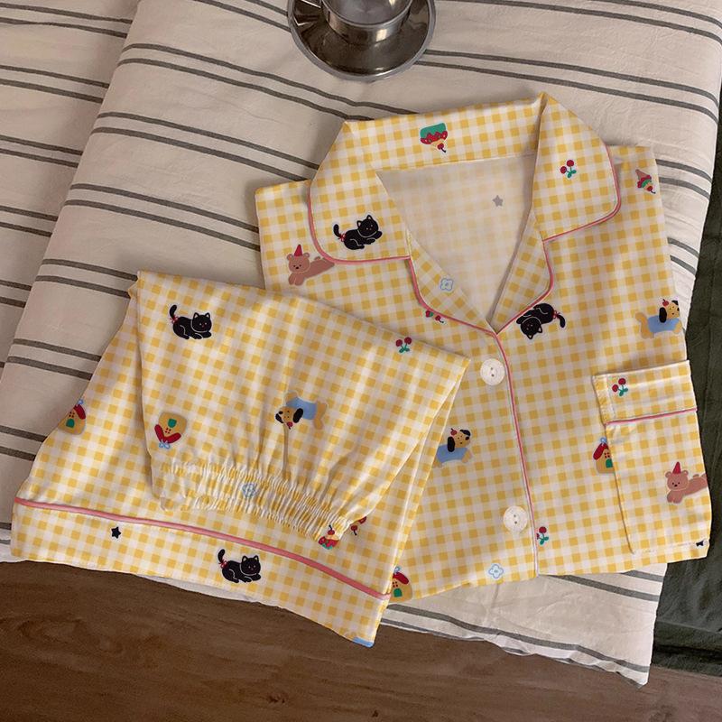 Summer Cartoon Pajamas Women'S Casual High-Value Plaid Short-Sleeved Two-Piece Loungewear