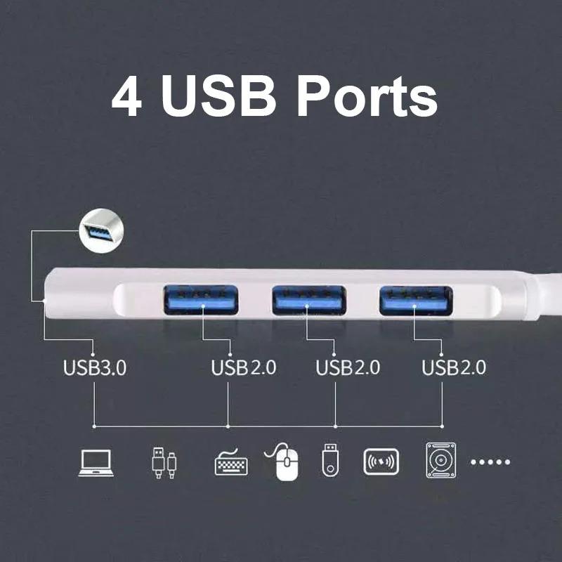 Type C HUB 1 to 4 USB 3.0 2.0 Splitters Aluminum Alloy 4 Ports Ultra thin High Speed Data Transfer Docking Station