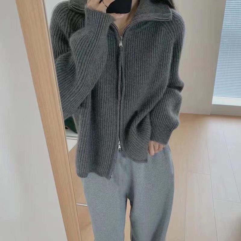 2024 Damen Nische Strickjacke: Stilvolles Frühlings- und Herbstdesign, dicker Reverskragen, Reißverschluss-Sweaterjacke