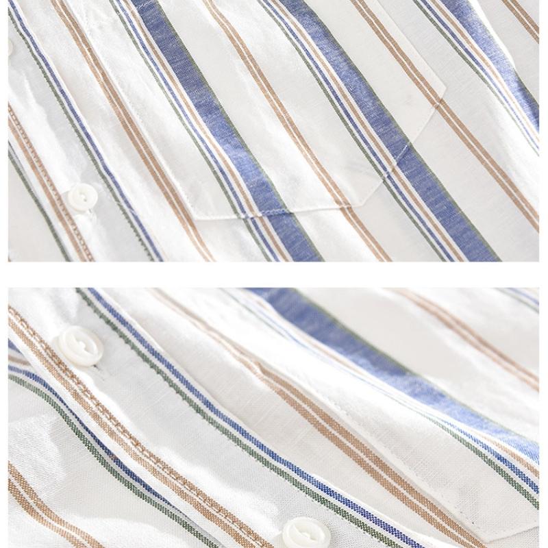 Spring and Summer Cotton Linen Men Tops Japanese Style Square Stripes Long Sleeve Shirt Youth Breathable Shirts for Men