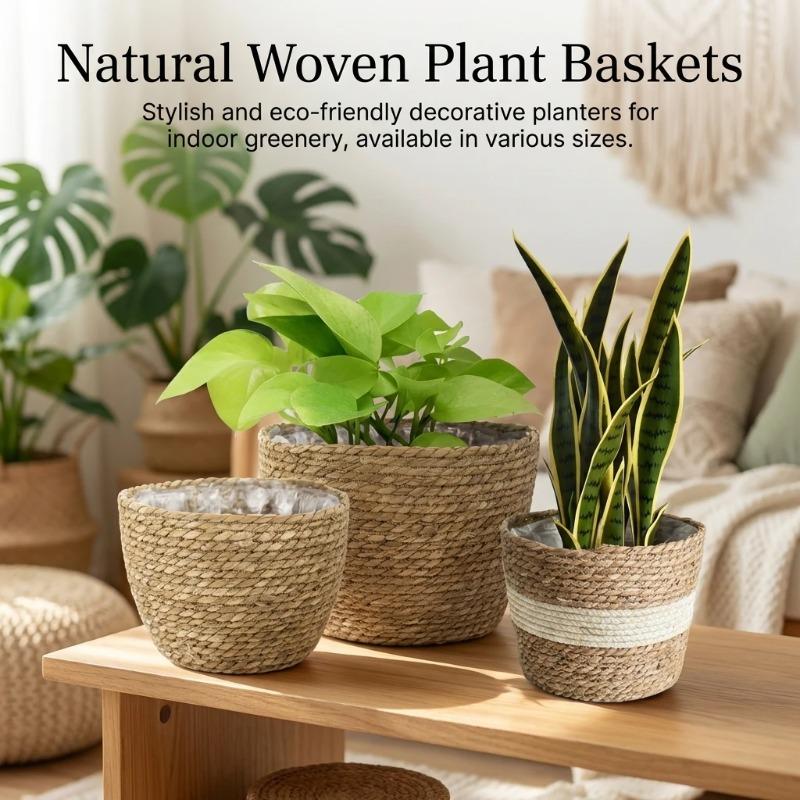 3Pcs Rattan Straw Woven Flower Pot Basket S/M/L Planter Baskets for Garden Terrace Balcony Home Furniture Decor