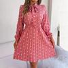 Autumn Winter Women's High Waist Pleated Dress Long Sleeve Lace Up Dot Temperament
