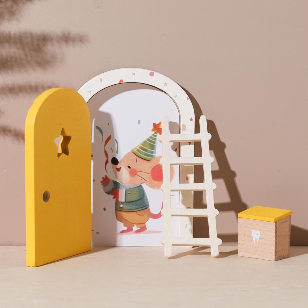 Colorful Mini Tooth Fairy Door Wooden Painted Mouse Magic Gate Dollhouse Garden with Staircase Teeth Box Keepsake Gift for Kids