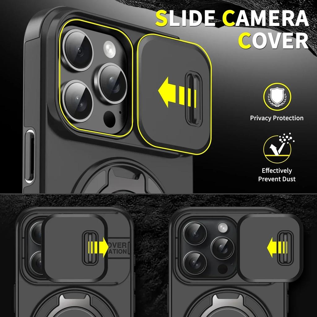 Luxury Heavy-Duty Rugged Armor Magnetic Bracket Case For iPhone 16 14 13 12 11 15 Pro Max Plus Slide Camera Protection PC Cover