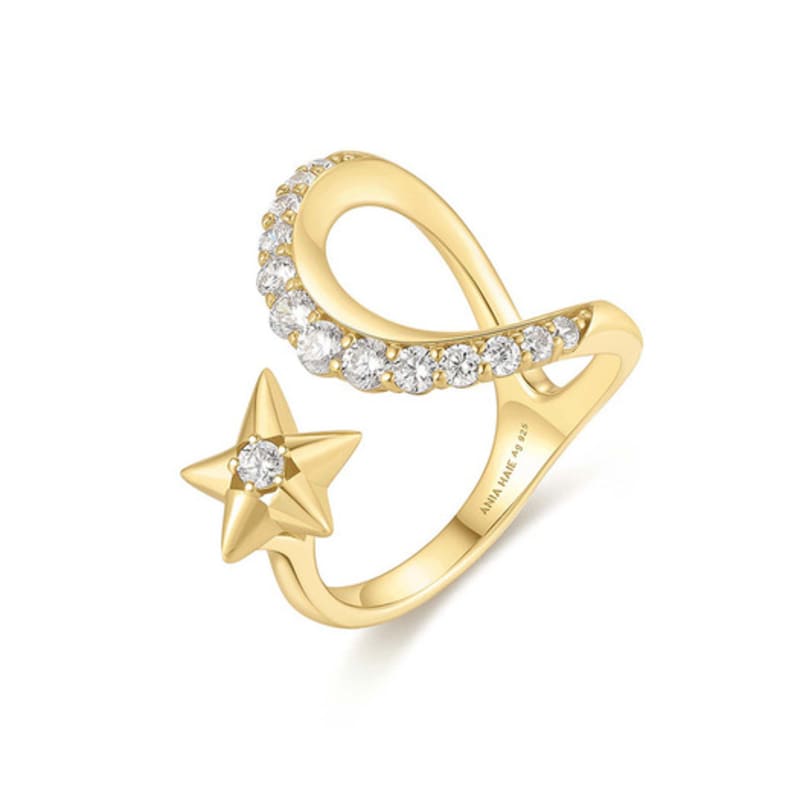 ANIA HAIE Gold Sparkle Moon and Star 925 Silver Adjustable Size Ring R066-05G