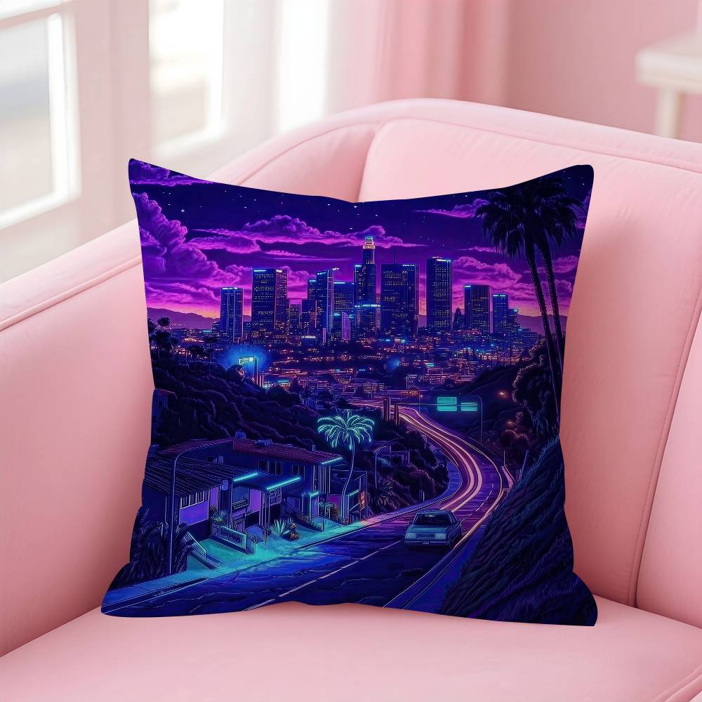 Neon Night City Landscape 80S Cyberpunk Car Cushion Cover 30X50 Polyester Sofa Cushions Throw Pillow Home Decoration Pillowcover