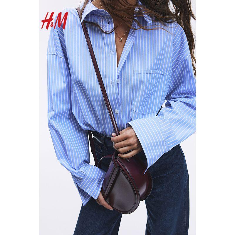 

HM Women clothes Shirts 2025 Summer New French style Airable Shirt Long sleeve Comfortable Loose Stripe Shirt 1258828 White 155/80(XS)