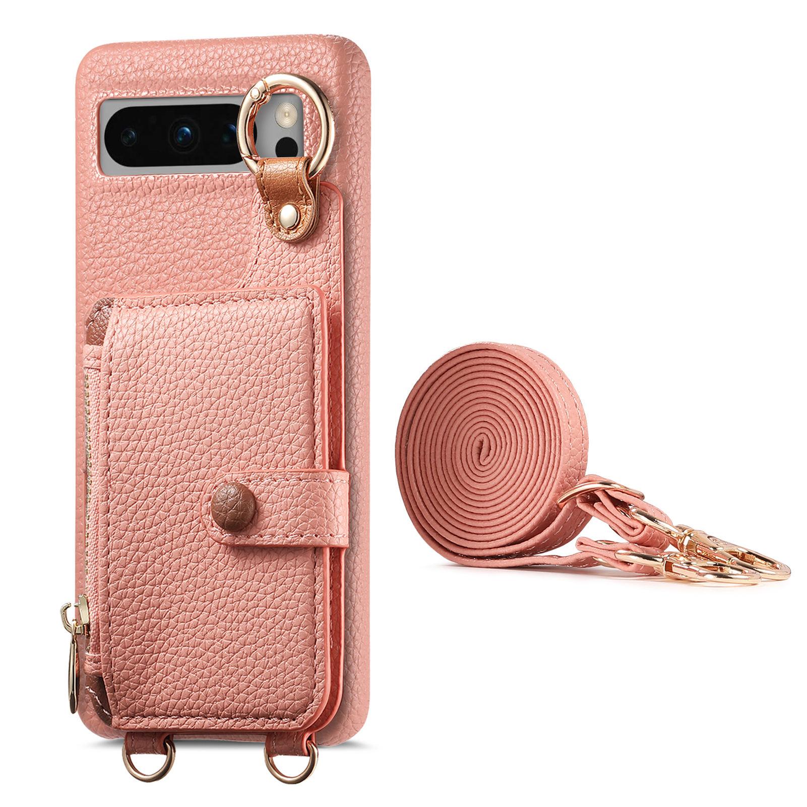 

For Google Pixel 8 Pro Leather Phone Back Cover Zipper Card Holder Kickstand with Mirror and Long Strap Silver Grey