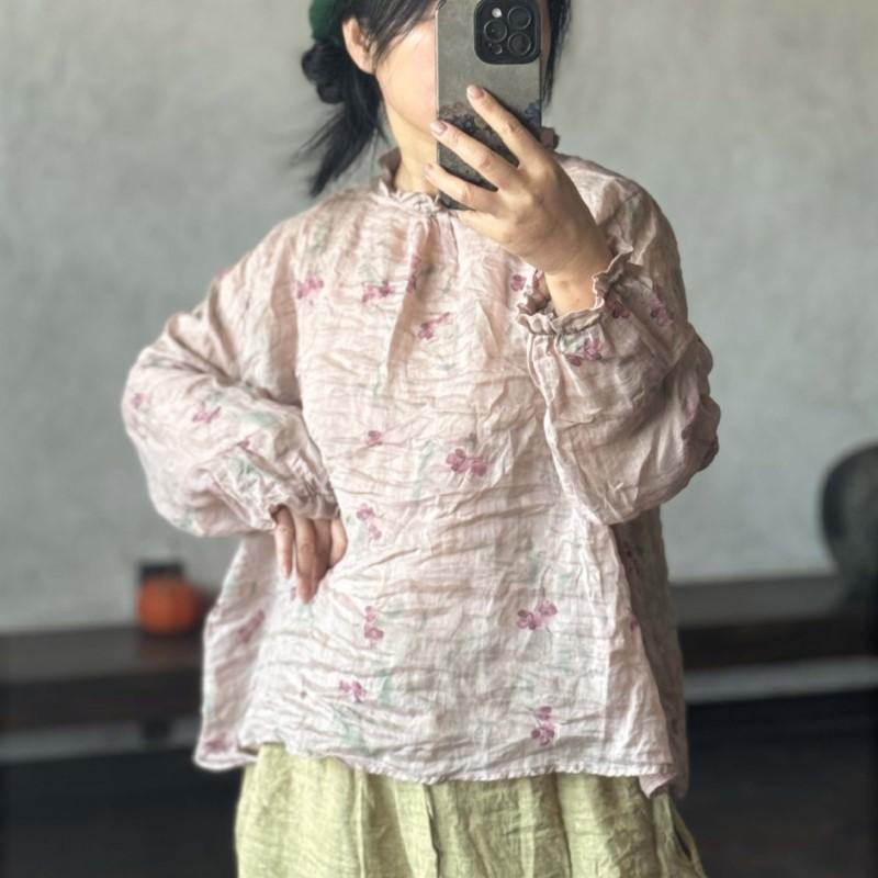 

Johnature Women Vintage Shirts Long Sleeve Spring O-Neck High Quality Women Loose Floral Shirts One Size