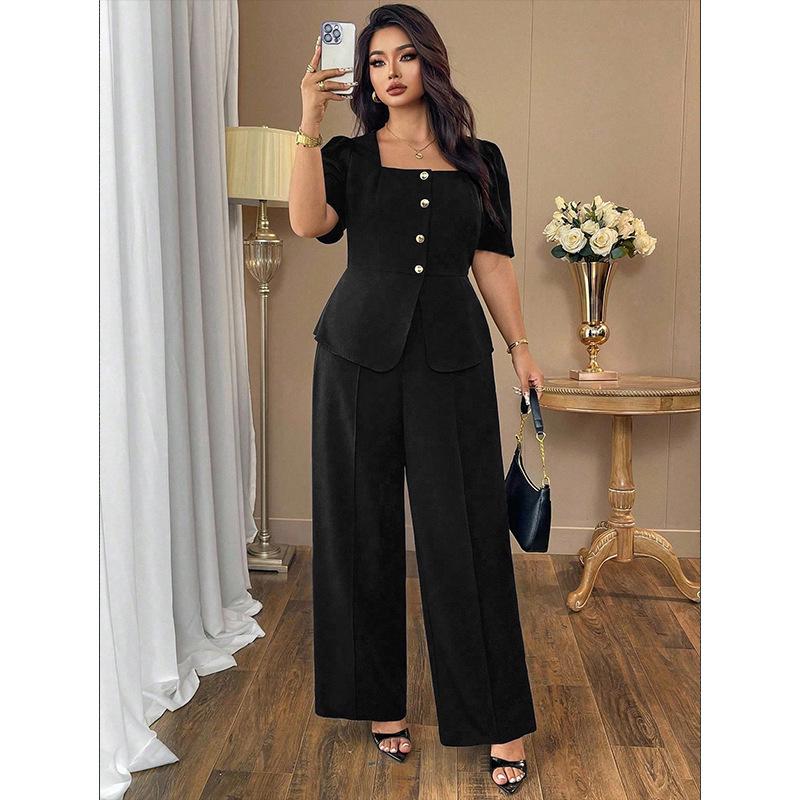 

Plus Size Square Neck Top & Wide-Leg Pants Set 2XL чорний