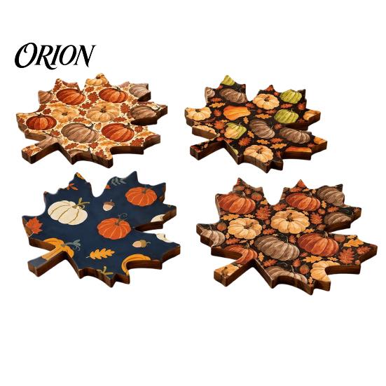 Coasters for Coffee Tables 4Pcs Thanksgiving Wooden Maple Leaf Coaster with Pumpkin Print, Heat Resistant Print Table Non-Slip Drink Mats Fall