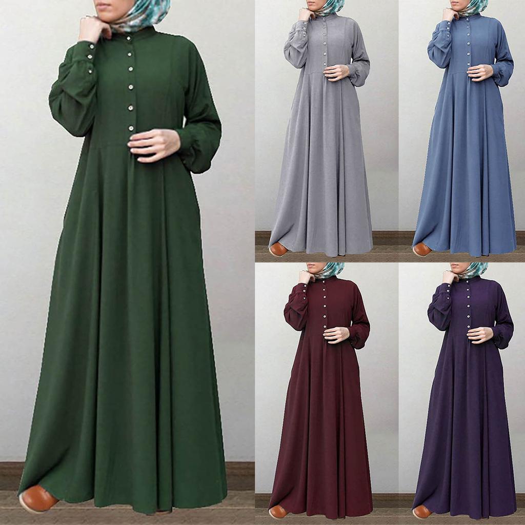 Women's Long Sleeve Button Down Casual Outfits Solid Color Round Neck Maxi Dresses