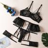 Women Floral Embroidered Metal Chain Sexy Lingerie Set with Leg Ring Lace Underwear Cut Bra & Brief Sets Garter Intimates