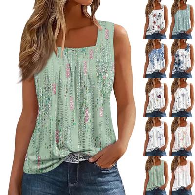 Women's Pleated Square Collar Sleeveless Vest Print T-shirt