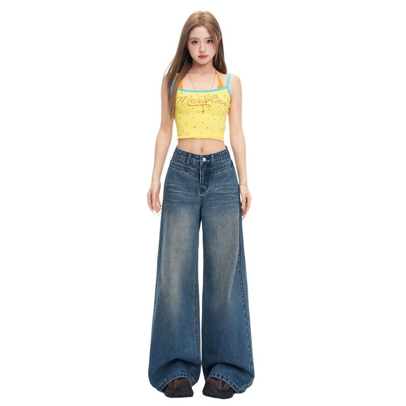 Spring Summer Vintage Washed Cat Whisker High Waist Relaxed Slim Straight Wide Leg Denim Pants For Women Casual Pants Oversize Denim Trousers