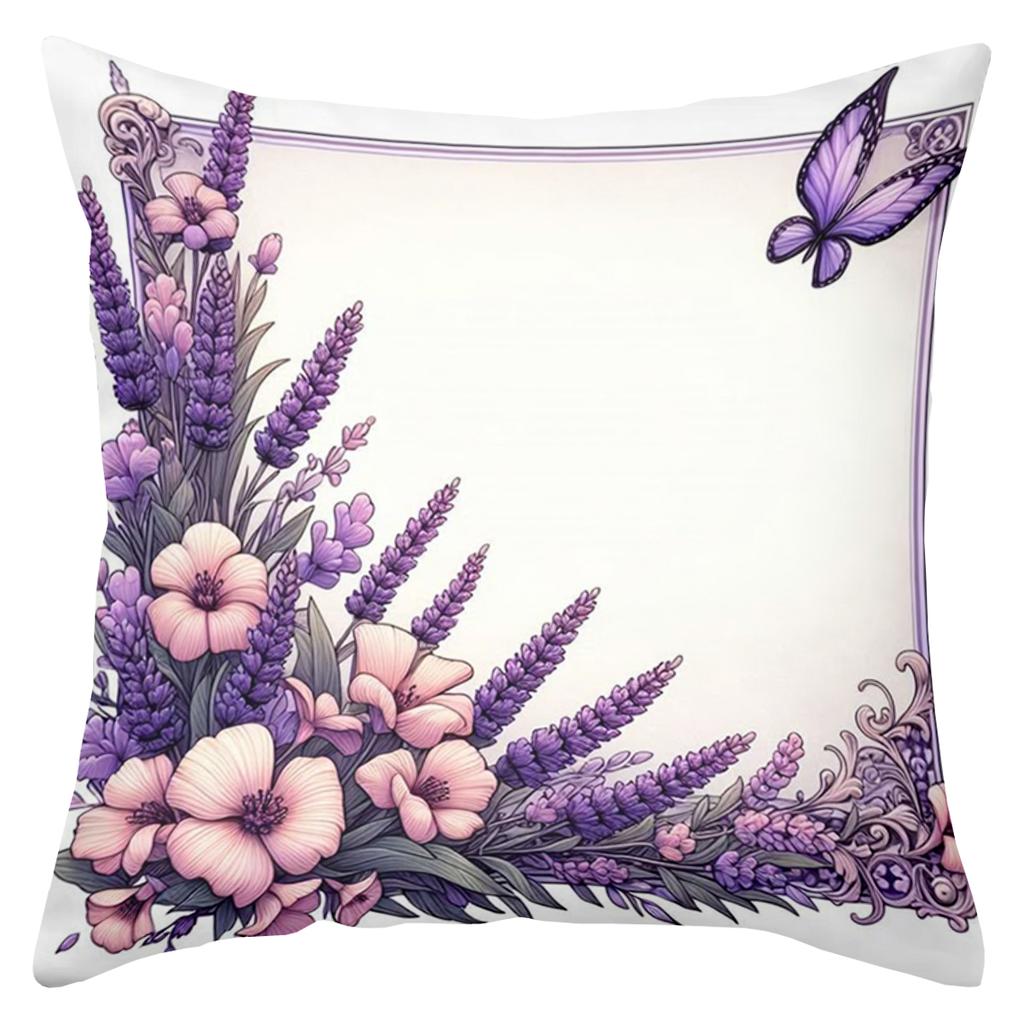 2D flat printing Lavender and Butterfly Patterned Decorative Throw Pillows Polyester pillowcase, sofa decorative cushion cov