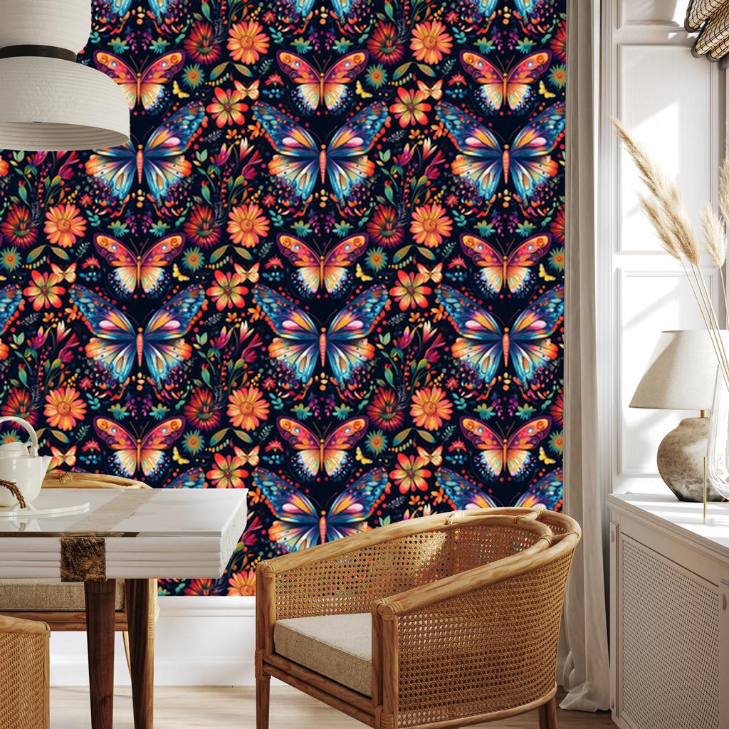 Wallpaper Colorful Butterflies Navy Blue and Burgundy for Living Room and Bedroom 50x1000