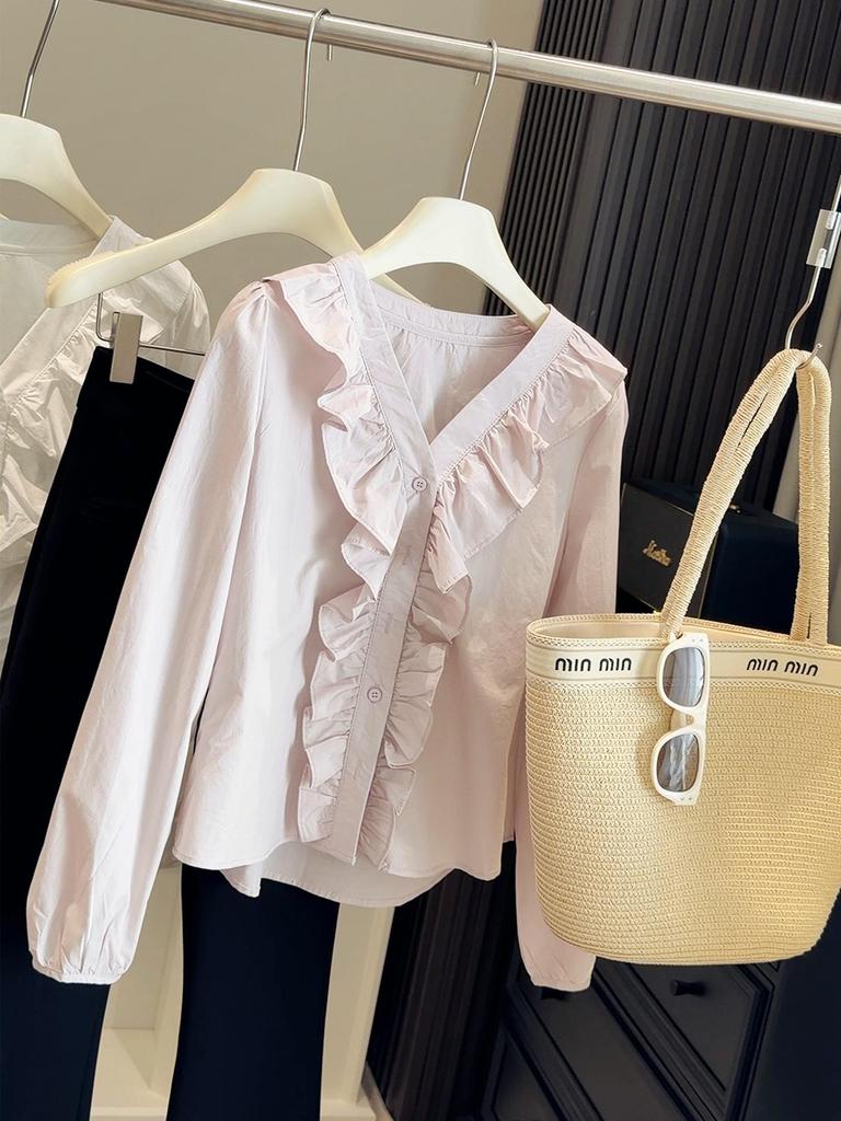 Women's Spring 2026 Fashion: Design-Sense Ruffle V-Neck, Slimming Loose Long Sleeve Shirt
