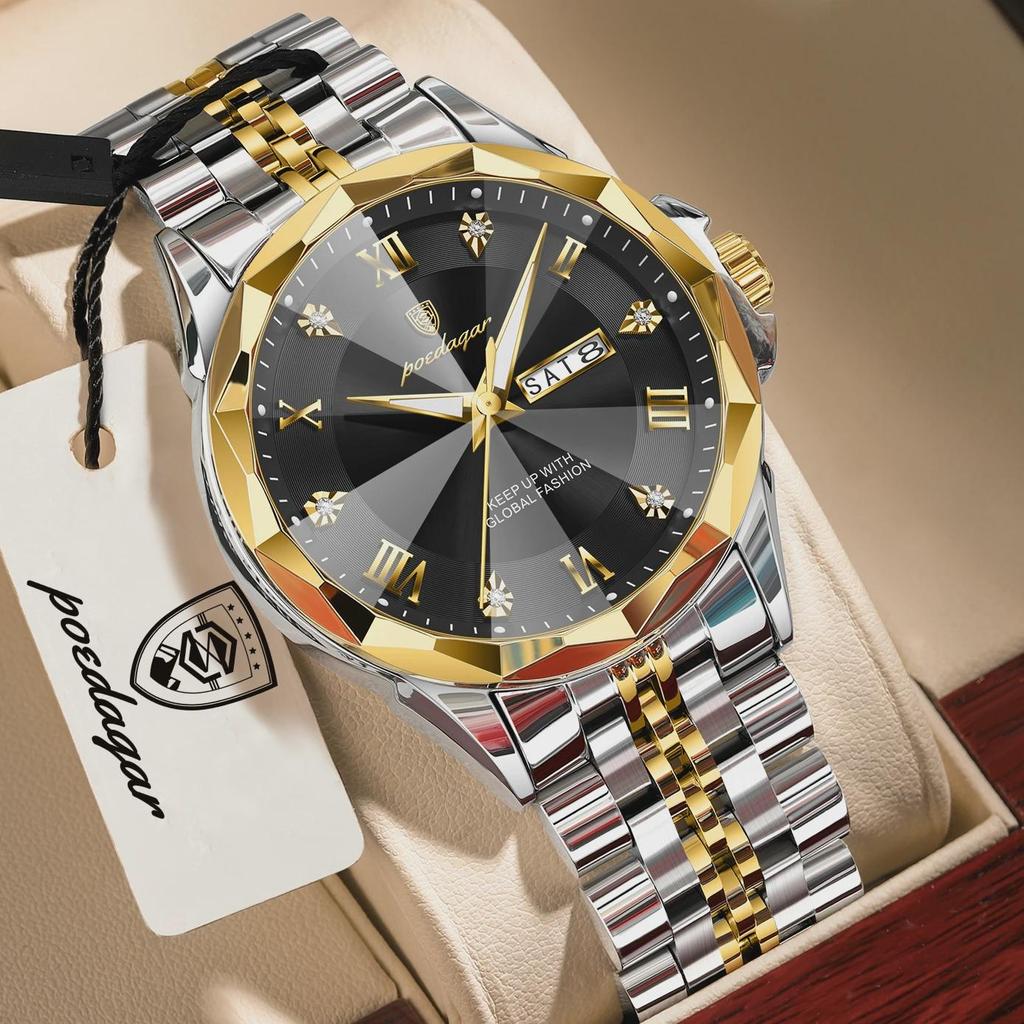 POEDAGAR Luxury Fashion Man Clock Top Business Waterproof Luminous Date Week Men's Watches Quartz Stainless Steel Wristwatch