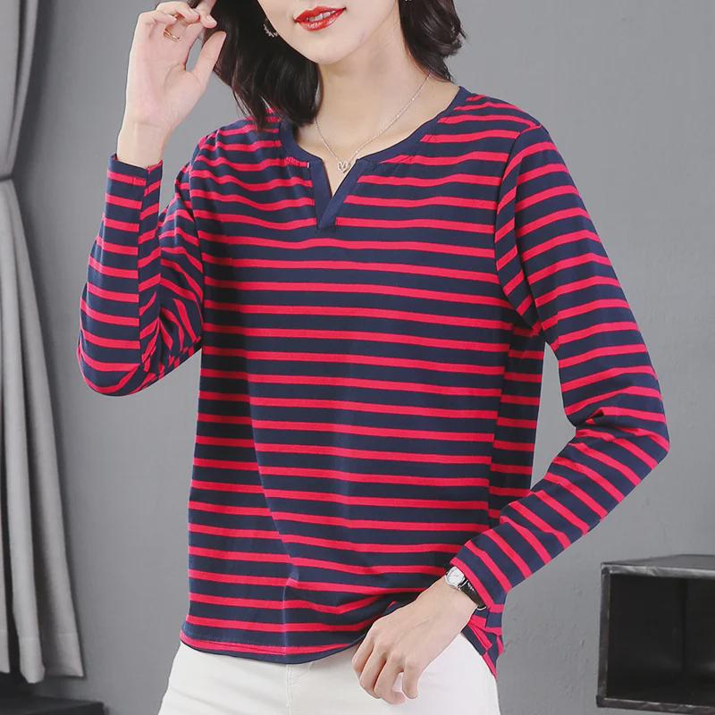 Women's V-Neck Long-Sleeve Pure Cotton T-Shirt for Middle-Aged, Loose-Fit Autumn/Spring Top