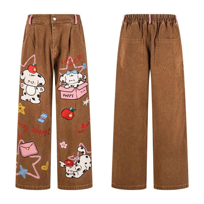 American Retro Dalmatian Patch Embroidered Wide Leg Jeans Unisex Loose Straight Casual Pants