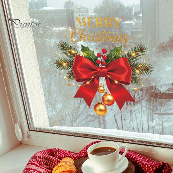 Decoratieve Balkon Glasstickers Kerstrood Strik Raamsticker, Gouden Letter Vrolijk Decal, Feestdagen Decals Waterdichte Raamstickers voor Huis School