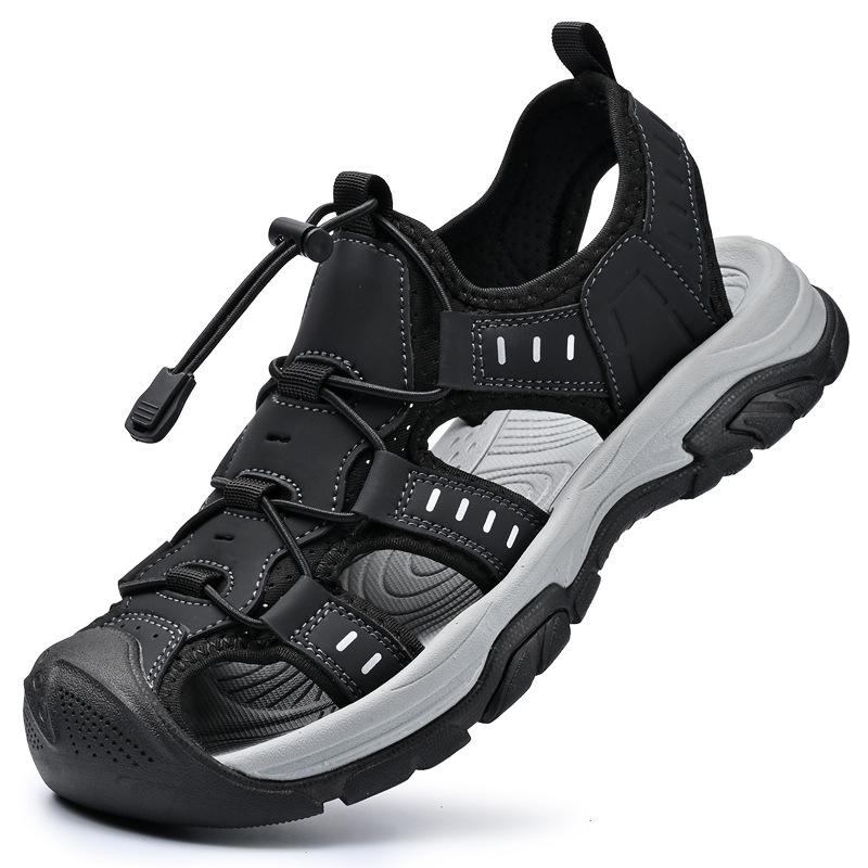 

Лето 2025 новые мужские сандалии кожаные уличные походные туфли мягкая подошва износостойкие нескользящие с закрытым носком пляжная обувь 46 чёрный