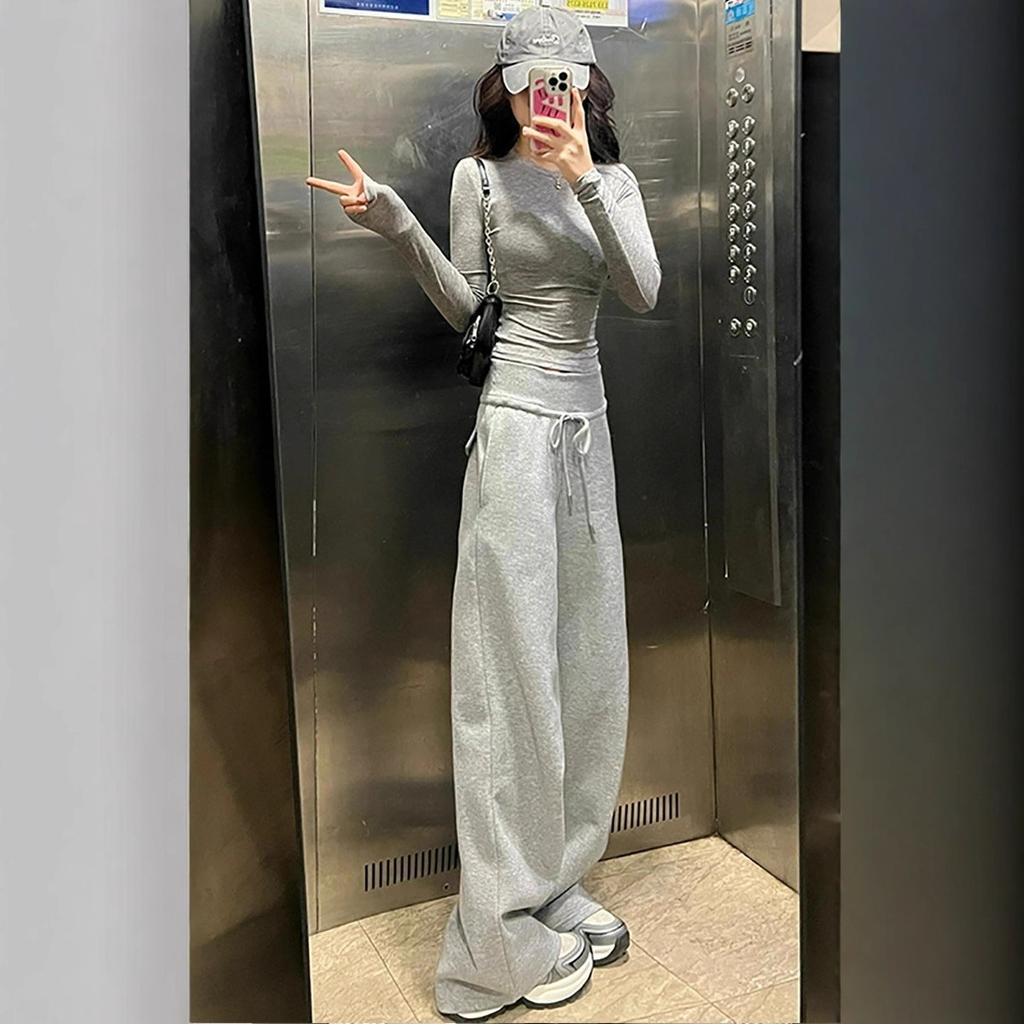 Women's Gray Sports High Waist Hanging Loose Slimming Straight Leg Wide Leg Pants American Sweatpants