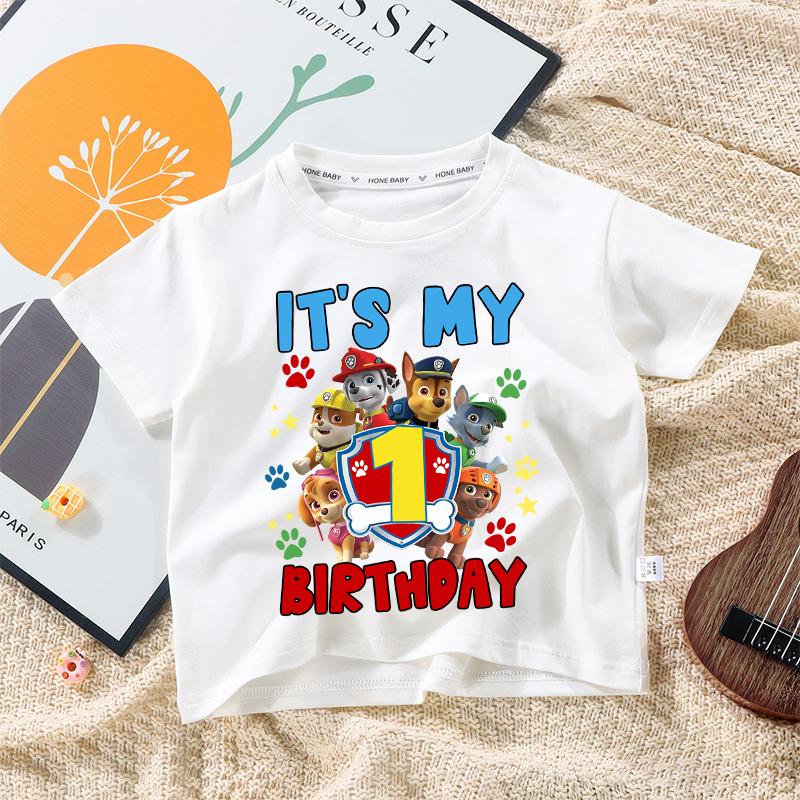 Paw Patrols Children Birthday Number T Shirt Clothes Party Cartoon Figure Print Boys T-Shirt White Short Sleeve Tops Tee Gift