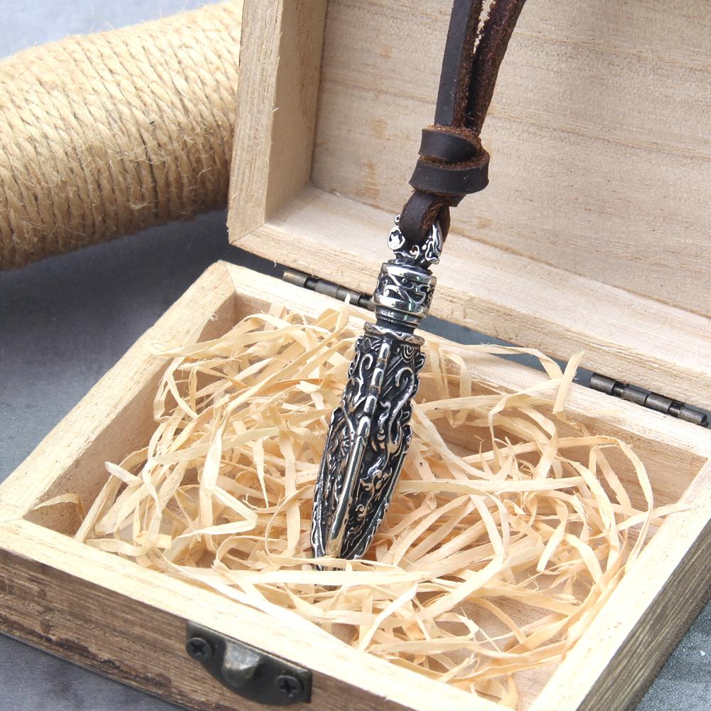 Stainless Steel Viking Dragon Spear Pendant Necklace with Real Cow Leather Chain Mens Gift in Wooden Box