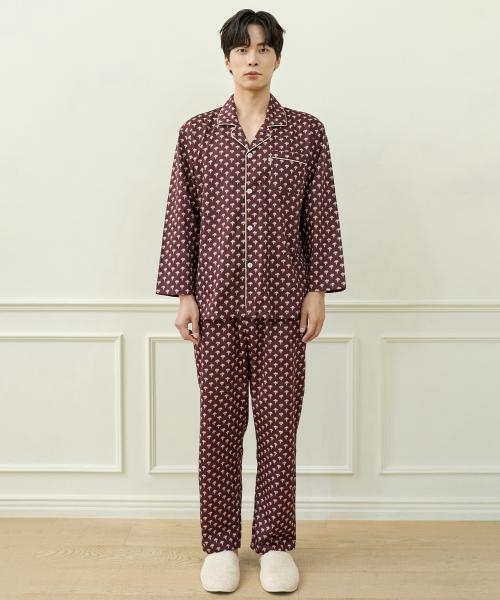 [May Flower] Lotus Long Sleeve Satin-Weave Pure Cotton Men's Plus Size Pajama Set [Shipped from Korea] 100% Authentic