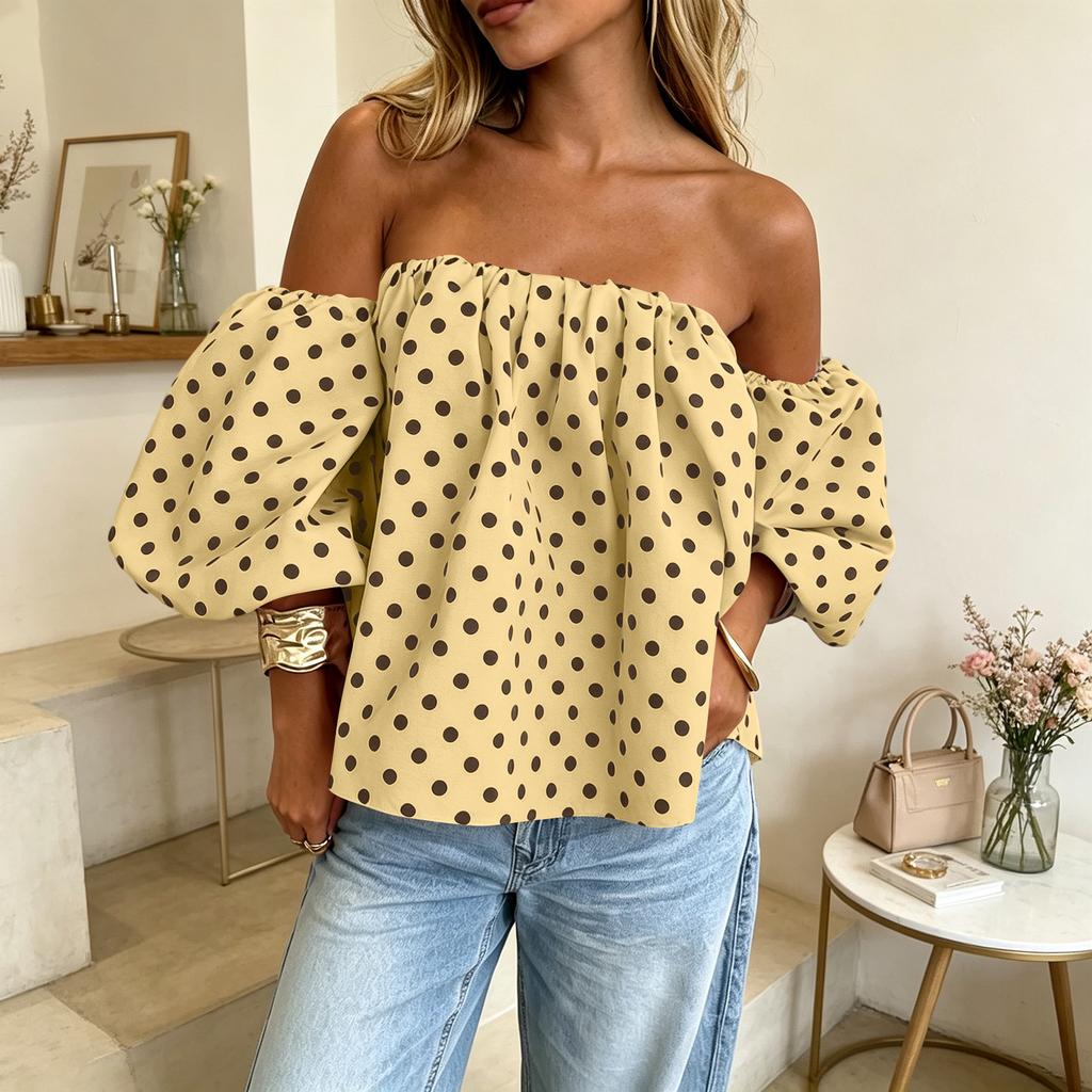 Women Off Shoulder Polka Dot Blouse Puff Sleeve Elastic Neckline Casual Loose Fit Pullover Top Summer Fashion