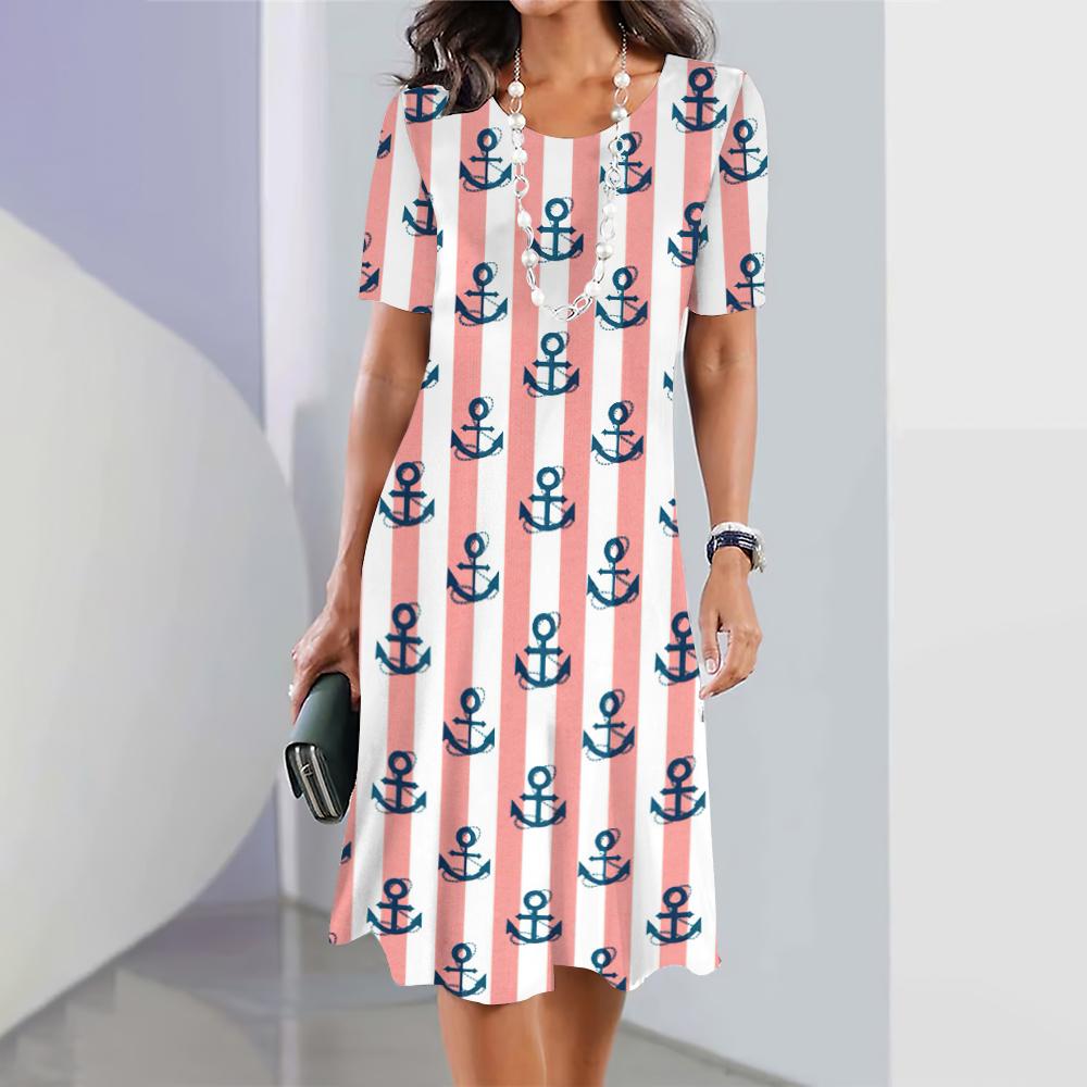 New Women's Dresses Anchor 3D Print Female Elegant Dresses Summer Short Sleeve Dress Fashion Oversized Clothing