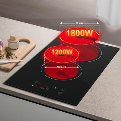 Placa de Inducción Cerámica KICHPOWER de 2 Zonas, Estufa Eléctrica Empotrable de 30 cm, Control Táctil, 3000W con 9 Niveles de Potencia, Temporizador de 1-99 Minutos